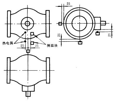 图 4 对于公称通径 DN＞150 mm 的试验阀，测温块和测量火区温度热电偶的设置