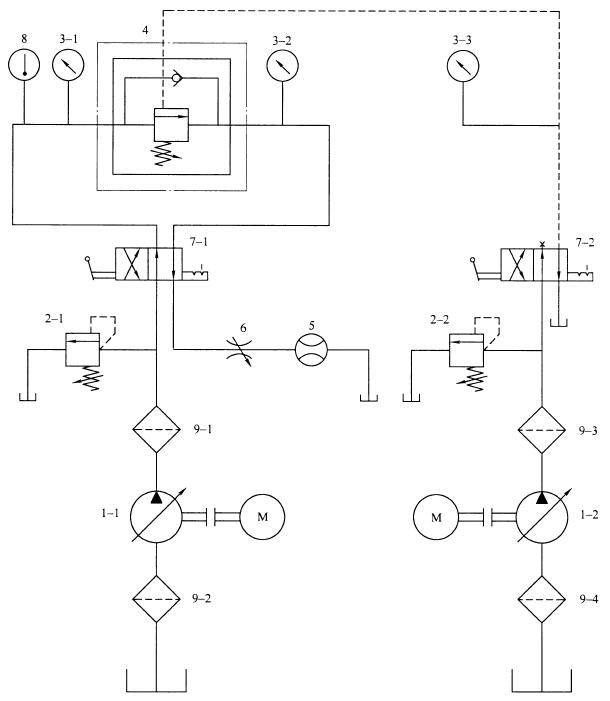 图 1 液压顺序阀出厂试验回路原理图