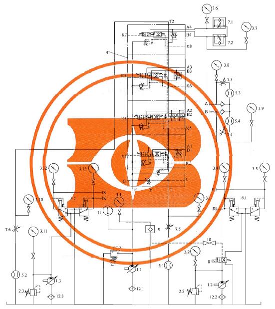 图 2 阀后节流的负荷传感多路换向阀试验系统原理图 图 2 阀后节流的负荷传感多路换向阀试验系统原理图