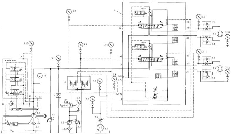 图 3 阀前节流的流量比例分配(LBF)负荷传感多路换向阀的试验系统原理图 图 3 阀前节流的流量比例分配(LBF)负荷传感多路换向阀的试验系统原理图