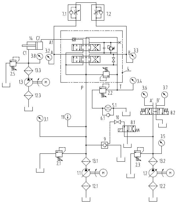 图 2 油口带液压锁多路阀试验系统原理图 图 2 油口带液压锁多路阀试验系统原理图